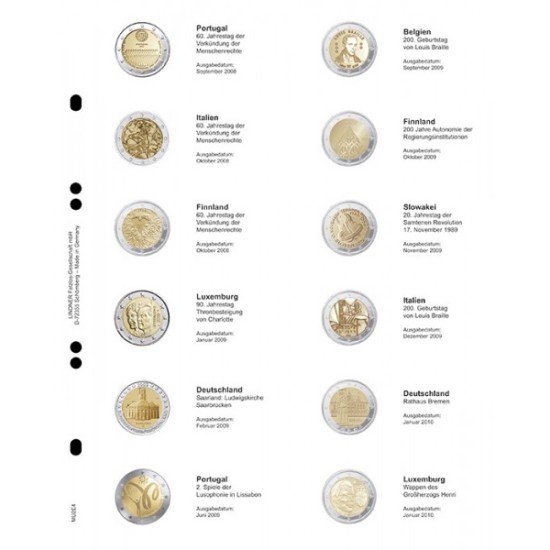 Lindner MU2E4 Hojas individuales pre-impresas para monedas de 2 Euros Lindner MU2E4 Hojas individuales pre-impresas para monedas de 2 Euros