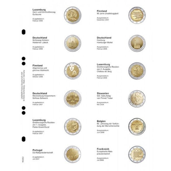 Lindner MU2E2 Hojas individuales pre-impresas para monedas de 2 Euros Lindner MU2E2 Hojas individuales pre-impresas para monedas de 2 Euros