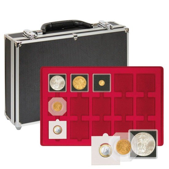 Lindner 2338-120 Maletín grande para colección de monedas con 8 tableros rojas para 120 marquitos para monedas 50x50 mm