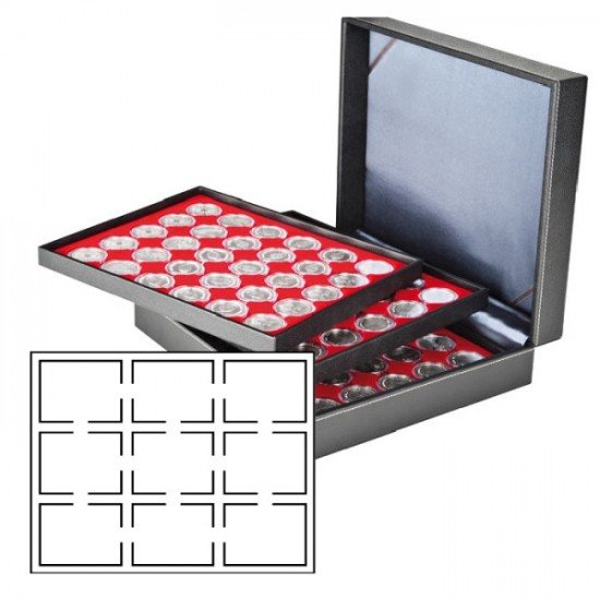 Lindner 2365-2219E Estuche Nera XL con 3 bandejas e inserciones de monedas de color rojo claro para 27 cápsulas de monedas de EE. UU Lindner 2365-2219E Estuche Nera XL con 3 bandejas e inserciones de monedas de color rojo claro para 27 cápsulas de monedas de EE. UU