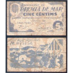 Billete local 1937 Ajuntament de Premia de Mar 5 Cts. Billete local 1937 Ajuntament de Premia de Mar 5 Cts.