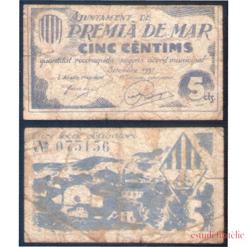 Billete local 1937 Ajuntament de Premia de Mar  5 Cts.