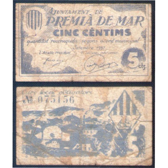 Billete local 1937 Ajuntament de Premia de Mar  5 Cts.