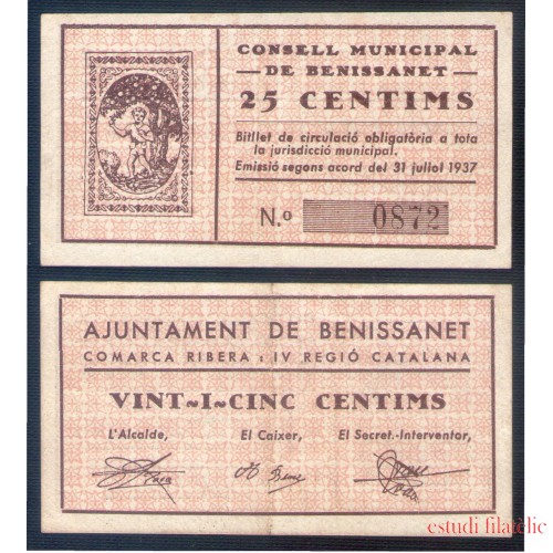 Billete local 1937 Consell Municipal de Benissanet 25 centims 
