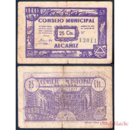 Billete local 1937 Consejo Municipal Alcañiz 25 Cts