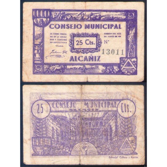 Billete local 1937 Consejo Municipal Alcañiz 25 Cts