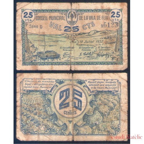 Billete local 1937 Consell Municipal de Flix 25 cts