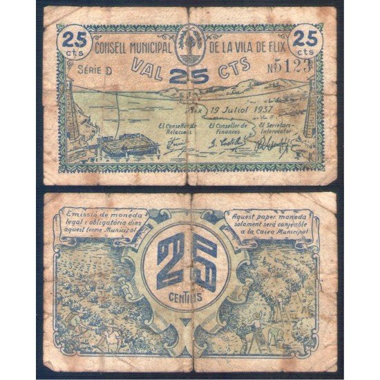 Billete local 1937 Consell Municipal de Flix 25 cts Billete local 1937 Consell Municipal de Flix 25 cts