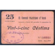 Billete local 1937 Consell Municipal d´Ascò 25 cts