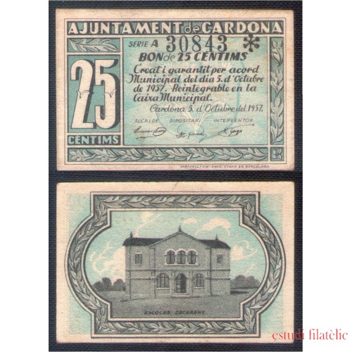 Billete local 1937 Ajuntament de Cardona 25 cts