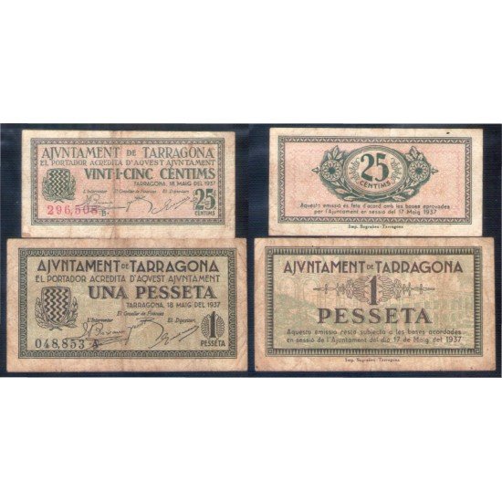 Billete local 1937 Ajuntament de Tarragona 25 cts + 1 Pta Billete local 1937 Ajuntament de Tarragona 25 cts + 1 Pta