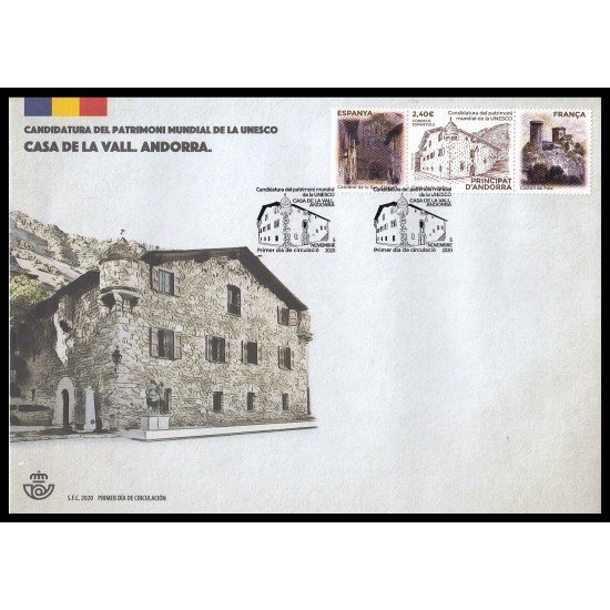 Andorra Española 505 2020 Casa de la Vall Catedral de la Seo de Urgell y Castillo de Foix SPD Sobre Primer día Andorra Española 505 2020 Casa de la Vall Catedral de la Seo de Urgell y Castillo de Foix SPD Sobre Primer día
