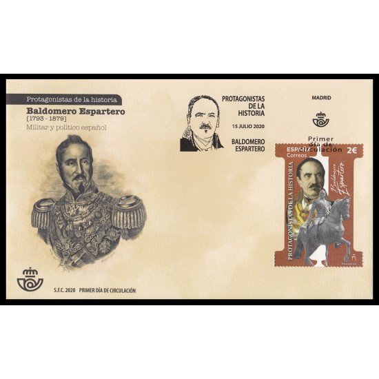 España Spain 5422 2020 Protagonistas de la Historia Baldomero Espartero SPD Sobre Primer Día