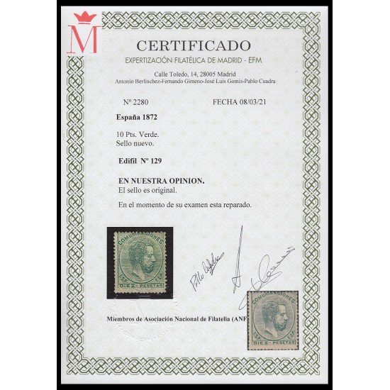 España Spain 129 1872 Reinado de Amadeo I MH España Spain 129 1872 Reinado de Amadeo I MH