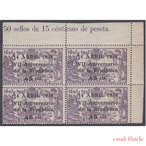 España Spain 755 BL.4 1938 VII Aniv. República Anniversary Republic MNH
