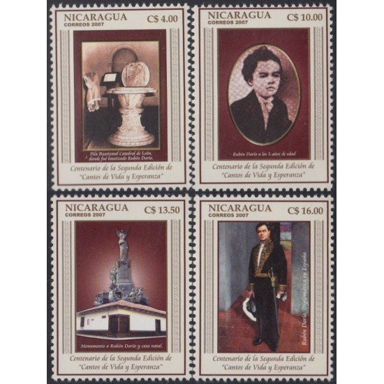 Nicaragua 2646/2649 2007 100° de la Segunda Edición de Cantos de Vida y Esperanza de Rubén Dario MNH