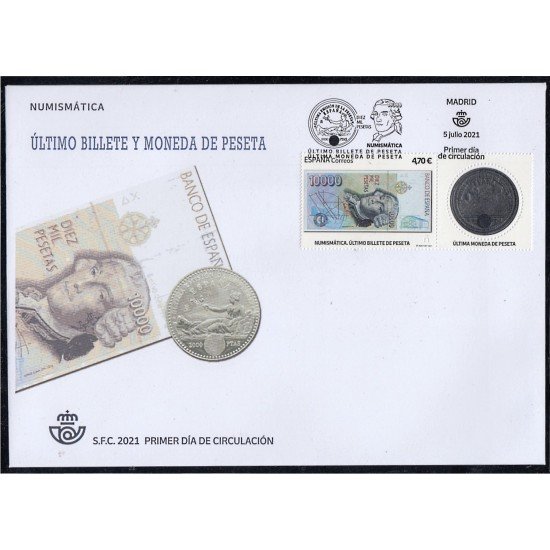 España Spain 5505 2021 Numismática Último billete y moneda de peseta SPD Sobre Primer Día España Spain 5505 2021 Numismática Último billete y moneda de peseta SPD Sobre Primer Día