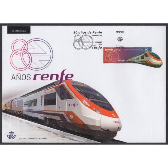 España Spain 5455 2021 80 Aniversario de RENFE SPD Sobre Primer Día España Spain 5455 2021 80 Aniversario de RENFE SPD Sobre Primer Día