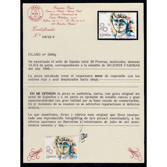 España Spain Variedad 2989g 1989 María de Maeztu Error Certif. Graus España Spain Variedad 2989g 1989 María de Maeztu Error Certif. Graus