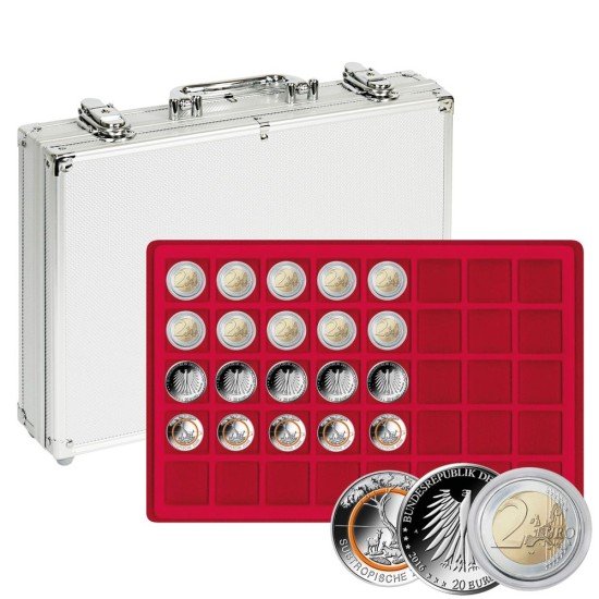Lindner S2340-200 Maletín de aluminio con 5 bandejas de monedas rojas para 200 monedas o cápsulas de monedas de hasta 34 mm Ø