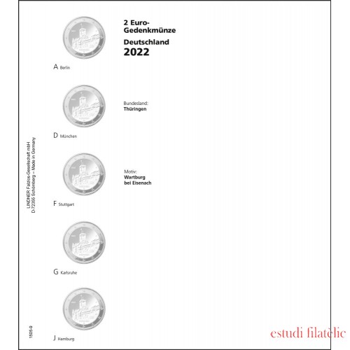 Lindner 1505-9 Hojas individuales para monedas conmemorativas de 2 Euros serie Estados Federales Alemanes 2022 Turingia