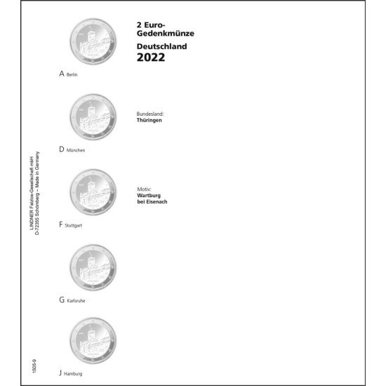 Lindner 1505-9 Hojas individuales para monedas conmemorativas de 2 Euros serie Estados Federales Alemanes 2022 Turingia Lindner 1505-9 Hojas individuales para monedas conmemorativas de 2 Euros serie Estados Federales Alemanes 2022 Turingia