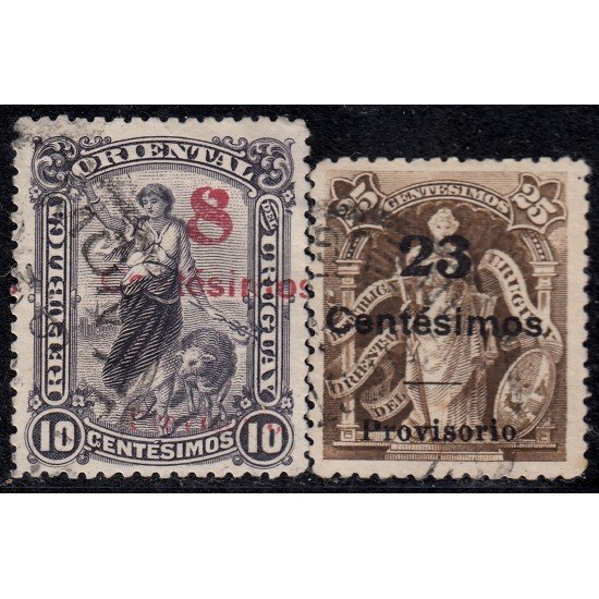 Uruguay 179/80 1909 Alegoría Pastora usados Uruguay 179/80 1909 Alegoría Pastora usados