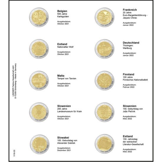 Lindner 1118-33 Hojas individuales para monedas conmemorativas de 2 Euros