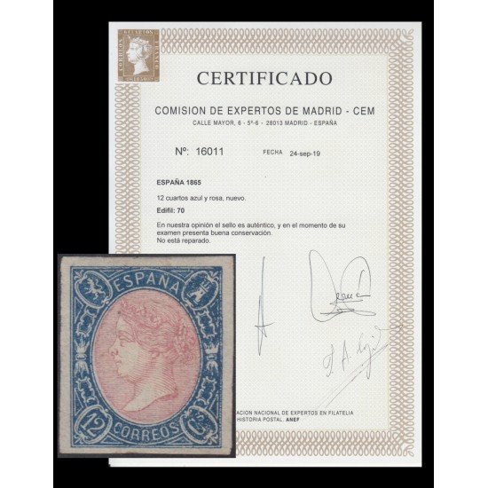 España Spain 70 1865 Isabel II MH Certificado CEM nº 16011