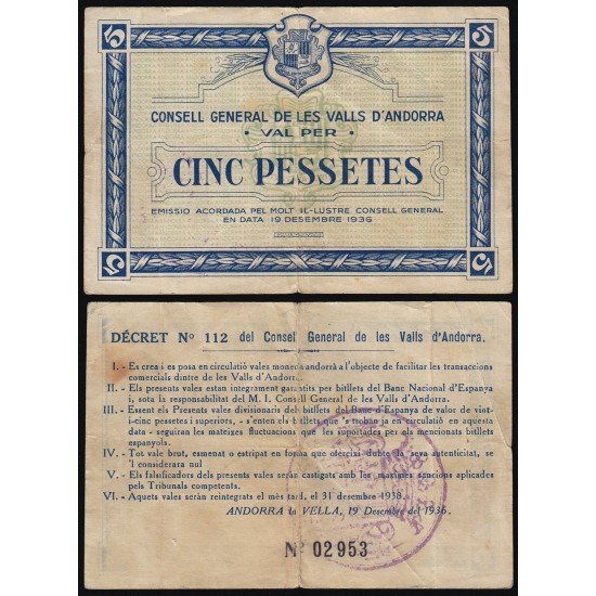Andorra Billete 5 pesetas 1936 Andorra Billete 5 pesetas 1936