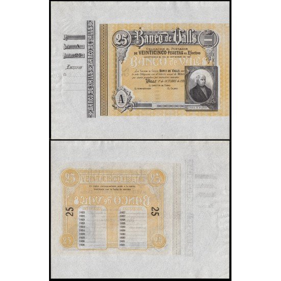 Billete Banco de Valls 25 ptas 1921 Sin firmas y sin numeración Con matriz Sin circular