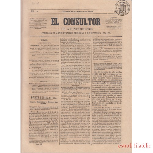 España Spain Timbres de Periódicos P.1 1864 El Consultor 18 Marzo 1864 Madrid