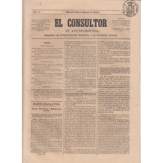 España Spain Timbres de Periódicos P.1 1864 El Consultor 18 Marzo 1864 Madrid España Spain Timbres de Periódicos P.1 1864 El Consultor 18 Marzo 1864 Madrid