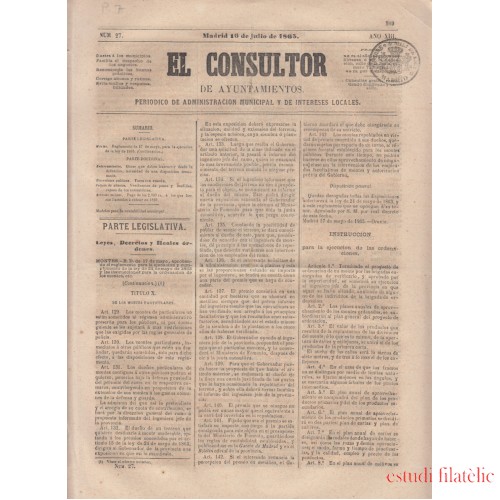 España Spain Timbres de Periódicos P.7 1865 El Consultor