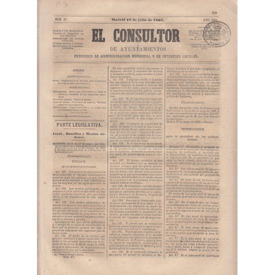 España Spain Timbres de Periódicos P.7 1865 El Consultor España Spain Timbres de Periódicos P.7 1865 El Consultor