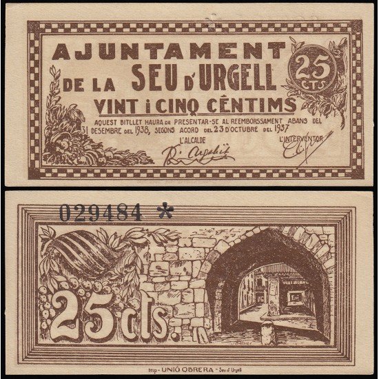 Billete local 1937 Ajuntament de Seu d Urgell 25 Cts. Billete local 1937 Ajuntament de Seu d Urgell 25 Cts.