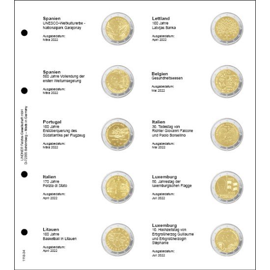 Lindner 1118-34 Hojas monedas conmemorativas 2 Euros España - Luxemb. 2022 Lindner 1118-34 Hojas monedas conmemorativas 2 Euros España - Luxemb. 2022