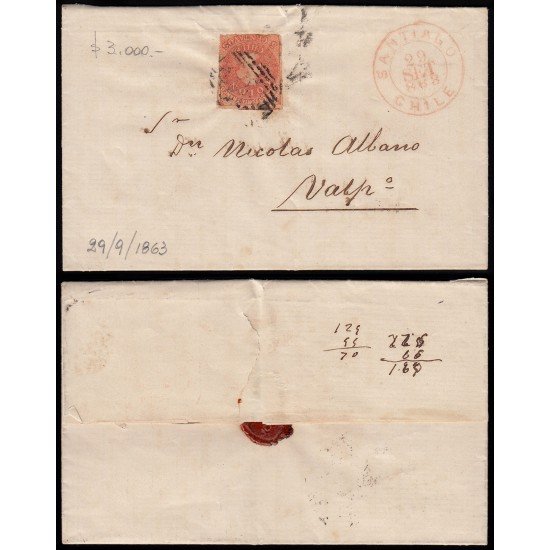 Chile 8 1863 Carta Santiago a Valparaíso Sello Colón Chile 8 1863 Carta Santiago a Valparaíso Sello Colón