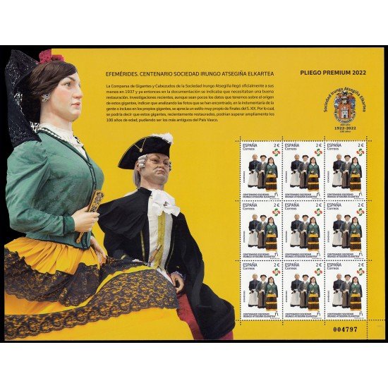 España Pliego Premium 127 2022 Efemérides. Centenario Sociedad Irungo Atsegiña Elkartea MNH España Pliego Premium 127 2022 Efemérides. Centenario Sociedad Irungo Atsegiña Elkartea MNH