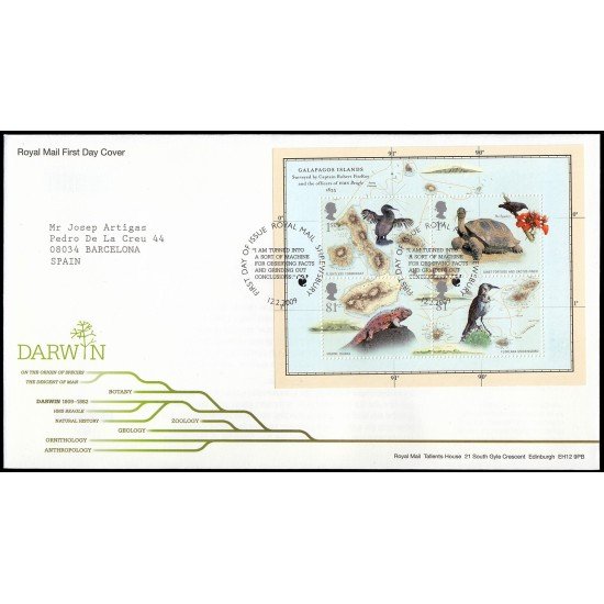 Gran Bretaña HB 62 2009 SPD FDC Personajes Charles Darwin Fauna Islas Galápagos Sobre primer día Gran Bretaña HB 62 2009 SPD FDC Personajes Charles Darwin Fauna Islas Galápagos Sobre primer día