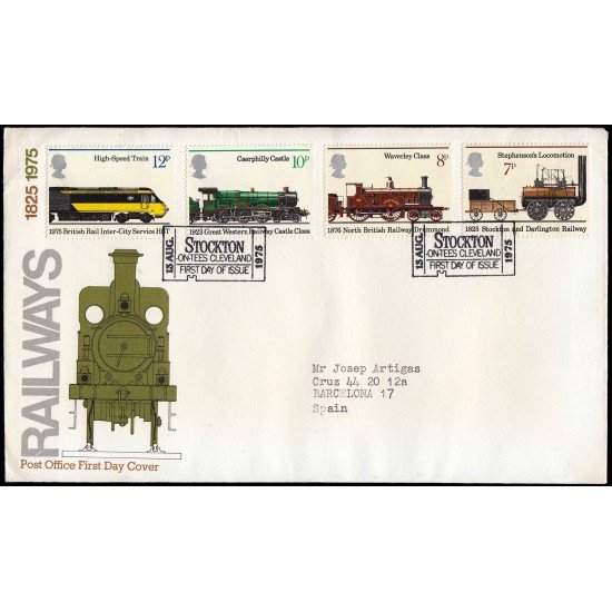Gran Bretaña 760/63 1975 SPD FDC 150 Años Primer Tren Público Sobre primer día Gran Bretaña 760/63 1975 SPD FDC 150 Años Primer Tren Público Sobre primer día