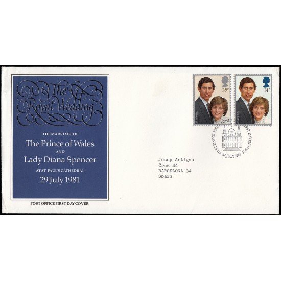 Gran Bretaña 1001/02 1981 SPD FDC Boda Real Príncipe Carlos y Lady Diana Sobre primer día Gran Bretaña 1001/02 1981 SPD FDC Boda Real Príncipe Carlos y Lady Diana Sobre primer día