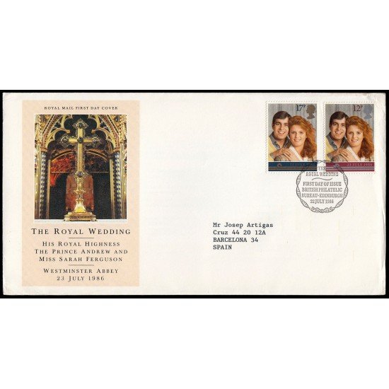 Gran Bretaña 1236/37 1986 SPD FDC Boda Príncipe Andrés i Sarah Ferguson Sobre primer día Gran Bretaña 1236/37 1986 SPD FDC Boda Príncipe Andrés i Sarah Ferguson Sobre primer día