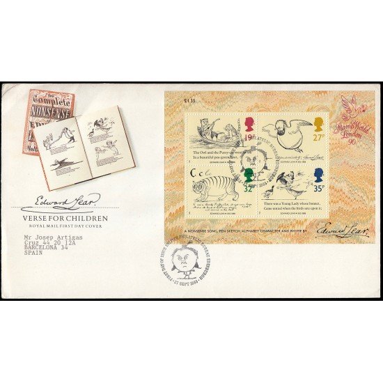 Gran Bretaña HB 4 1988 SPD FDC Centenario del Fallecimiento Edward Lear Sobre primer día Gran Bretaña HB 4 1988 SPD FDC Centenario del Fallecimiento Edward Lear Sobre primer día