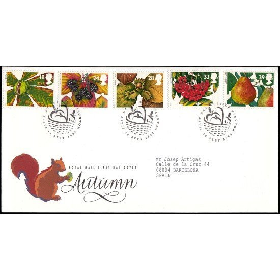Gran Bretaña 1692/96 1993 SPD FDC Frutas de Otoño Sobre primer día Gran Bretaña 1692/96 1993 SPD FDC Frutas de Otoño Sobre primer día