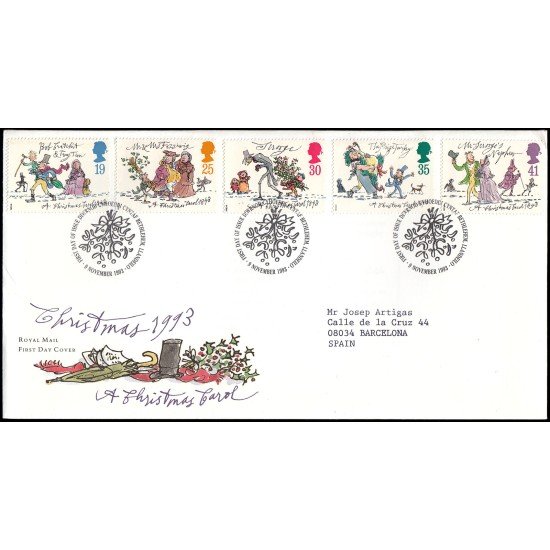 Gran Bretaña 1704/08 1993 SPD FDC Navidad Canción de Navidad Charles Dickens Sobre primer día Gran Bretaña 1704/08 1993 SPD FDC Navidad Canción de Navidad Charles Dickens Sobre primer día