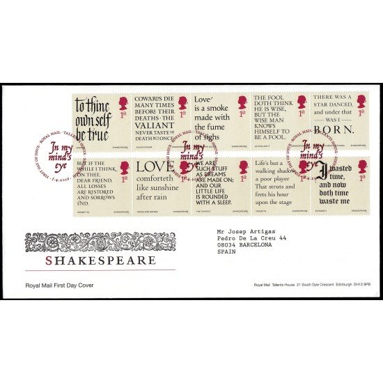 Gran Bretaña 4275/84 2016 SPD FDC 400 Aniv. fallecimiento de William Shakespeare Sobre primer día Tallents House