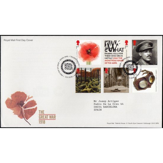 Gran Bretaña 4682/87 2018 SPD FDC Centenario de la Gran Guerra Sobre primer día Tallents House Gran Bretaña 4682/87 2018 SPD FDC Centenario de la Gran Guerra Sobre primer día Tallents House