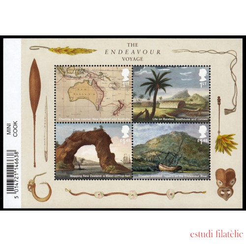 Gran Bretaña 4670/73 F4670 2018 Expediciones del capitán James Cook en el Endeavour Hoja MNH