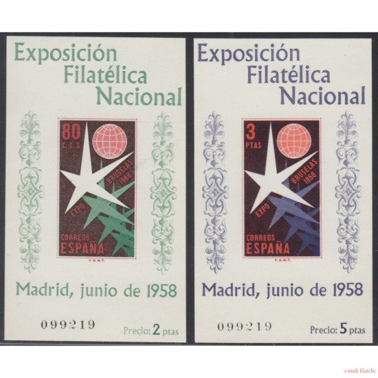 España Spain 1222/23 1958 Exposición Flilatélica Nacional Bruselas Mismo número MH España Spain 1222/23 1958 Exposición Flilatélica Nacional Bruselas Mismo número MH
